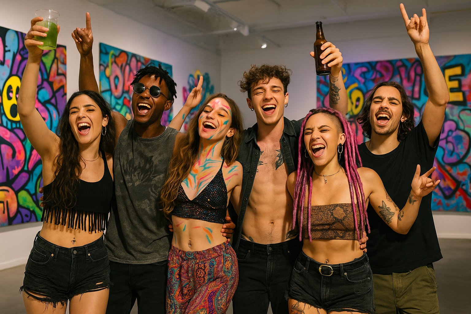 Lineup of friends with arms around each other, showing body jewelry and festival vibes